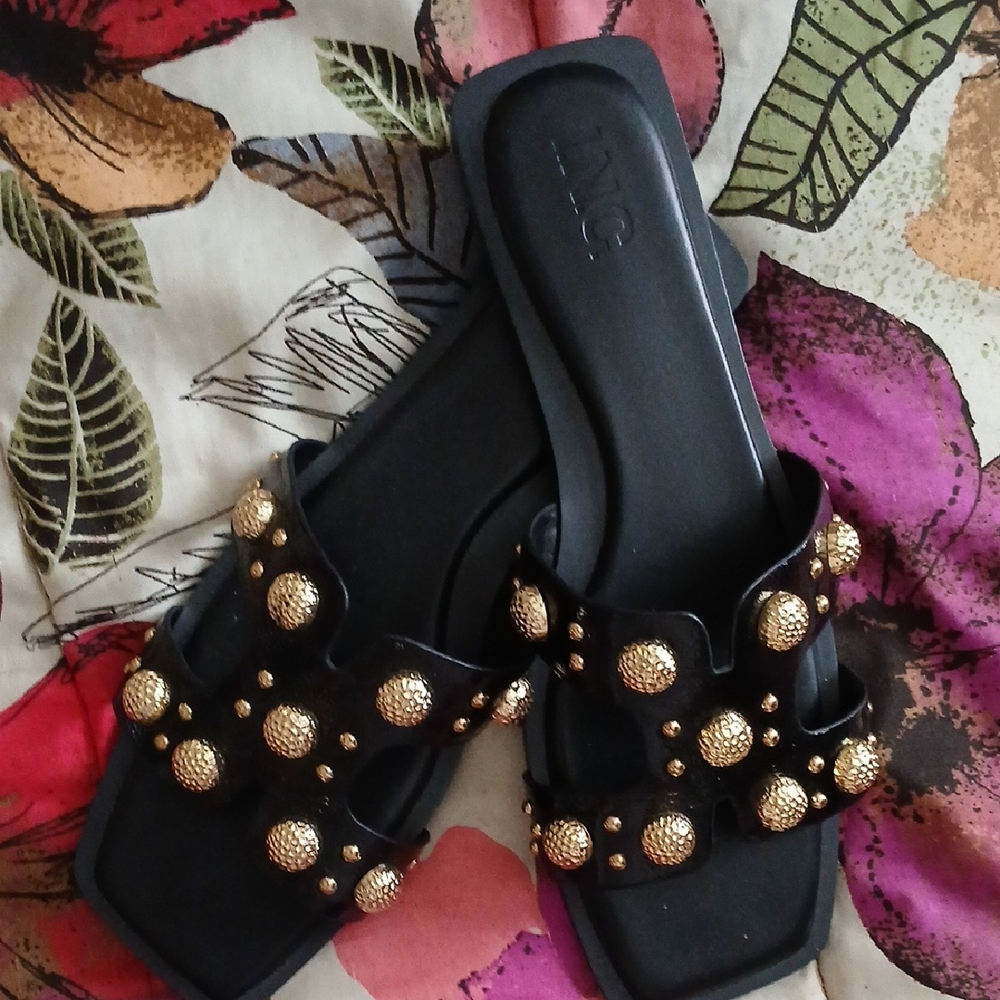 INC International Concepts Black Sandals with Gold Accents